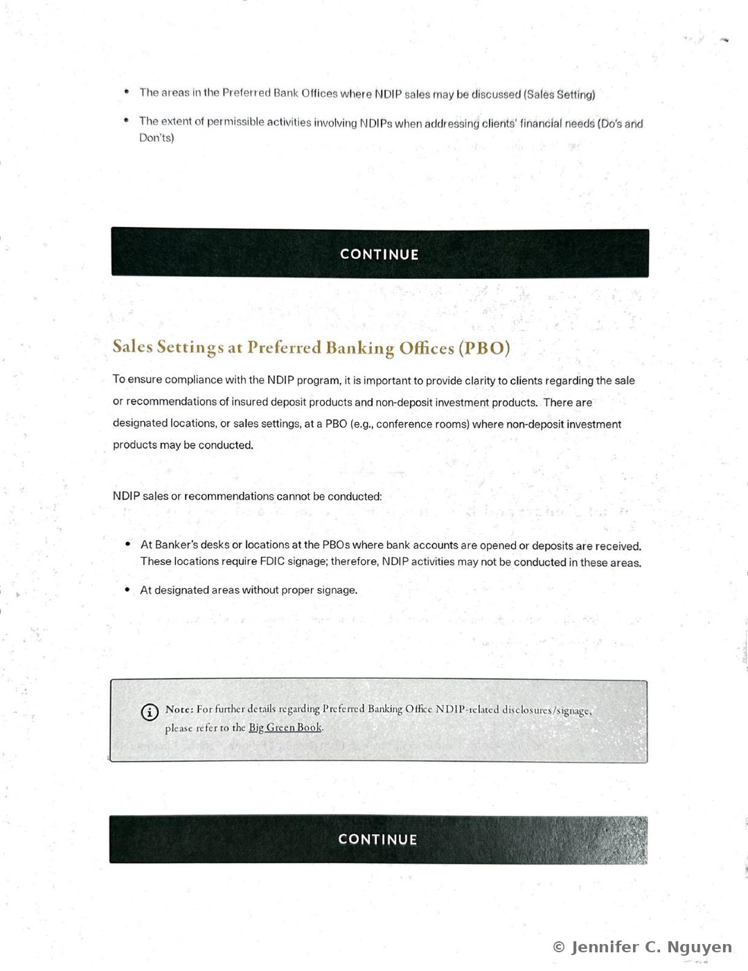 Sales Settings at Preferred Banking Offices slide explaining that NDIP sales or recommendations are limited to designated locations such as conference rooms, with bullets stating that NDIP activities cannot be conducted at Banker's desks or account-opening locations that require FDIC signage or at any designated area lacking proper signage, followed by a gray note box referring colleagues to the Big Green Book for further signage and disclosure details