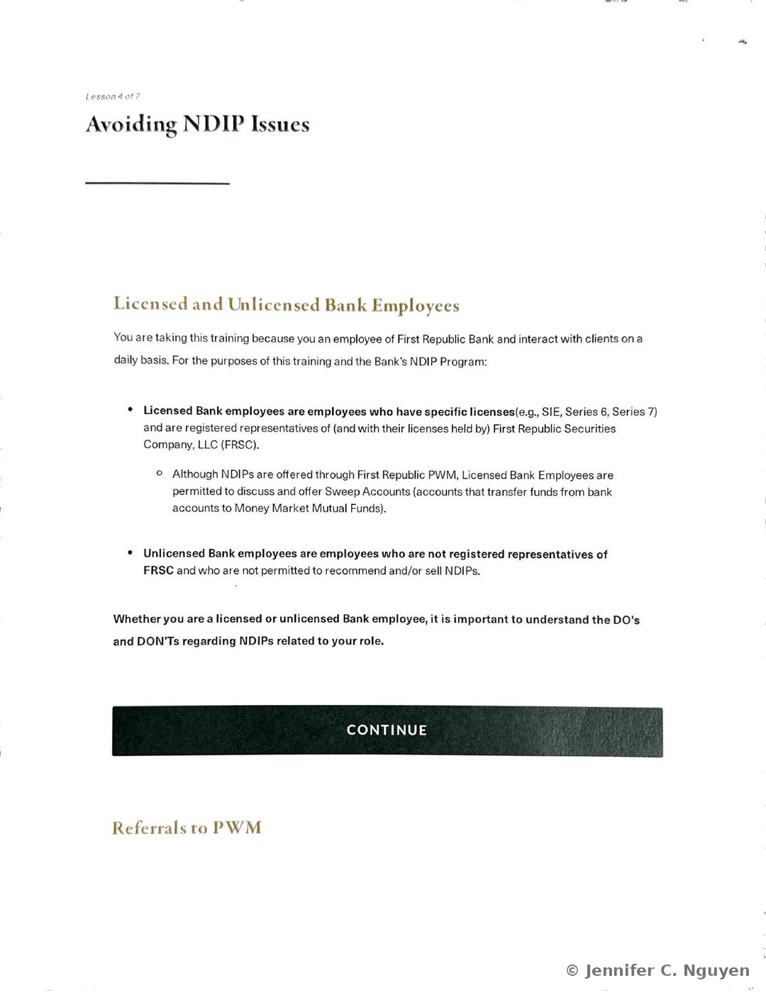 Avoiding NDIP Issues slide defining Licensed Bank employees as those holding SIE, Series 6, or Series 7 licenses who are registered representatives of First Republic Securities Company and are permitted to discuss Sweep Accounts, and Unlicensed Bank employees as those who are not registered representatives and may not recommend or sell NDIPs, introducing the Referrals to PWM section below