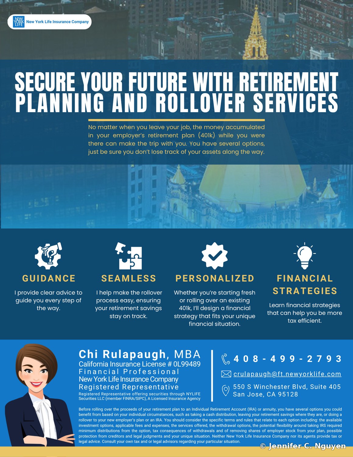 English-language New York Life retirement planning flyer with a navy blue city skyline header, the headline Secure Your Future with Retirement Planning and Rollover Services, four white icon panels labeled Guidance, Seamless, Personalized, and Financial Strategies, and a contact section for financial professional Chi Rulapaugh, MBA, with a stylized animated avatar standing in for her real photo