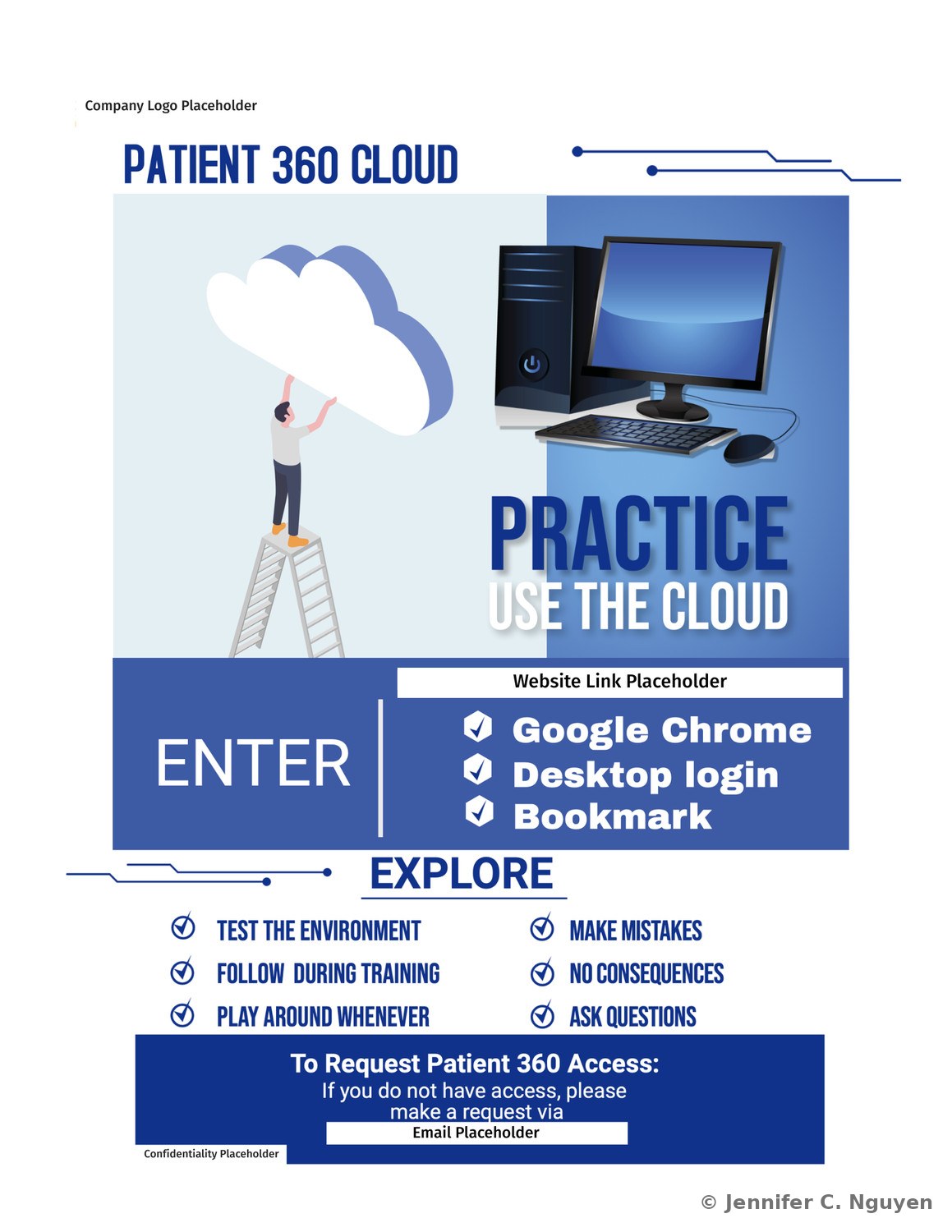 Patient 360 Cloud flyer in blue, with an illustration of a person on a ladder reaching into a cloud beside a desktop computer, reading Practice, Use the Cloud, with instructions to enter via Google Chrome, desktop login, and bookmark, and a checklist encouraging staff to test the environment, make mistakes, follow along during training, and ask questions with no consequences