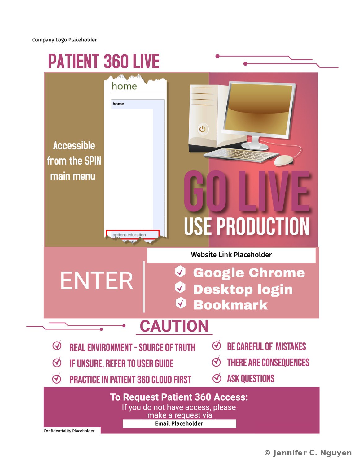 Patient 360 Live flyer in magenta, showing a screenshot of the SPIN main menu home screen beside a desktop computer, reading Go Live, Use Production, with instructions to enter via Google Chrome, desktop login, and bookmark, and a caution checklist noting this is the real environment and source of truth, to refer to the user guide if unsure, to practice in Patient 360 Cloud first, and that there are real consequences to mistakes