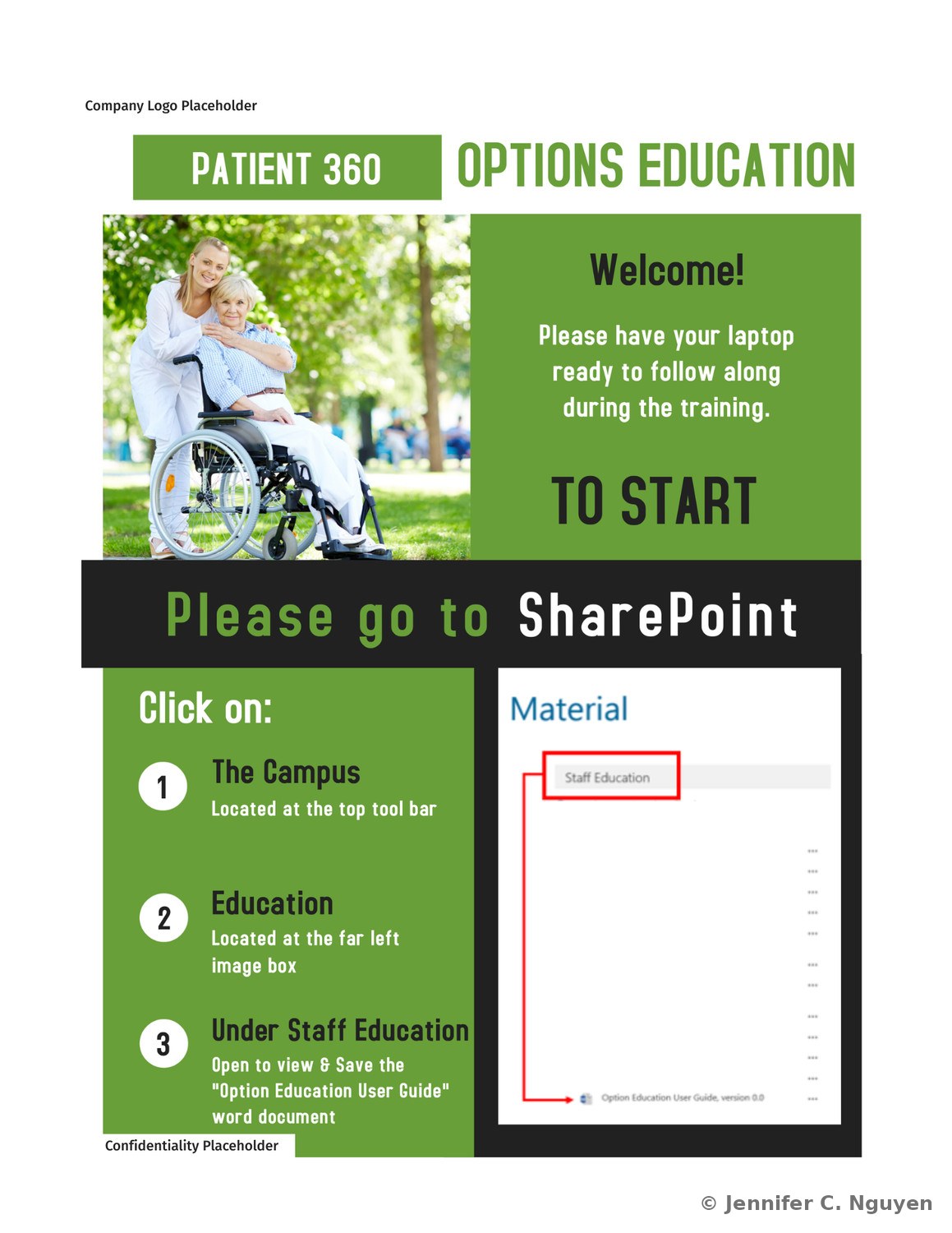 Patient 360 Options Education welcome flyer in green, showing a caregiver with an elderly woman in a wheelchair, instructing staff to have their laptop ready and go to SharePoint, then click The Campus, Education, and Staff Education to open and save the Option Education User Guide, with a screenshot of the SharePoint Material list highlighting the Staff Education link and the guide document