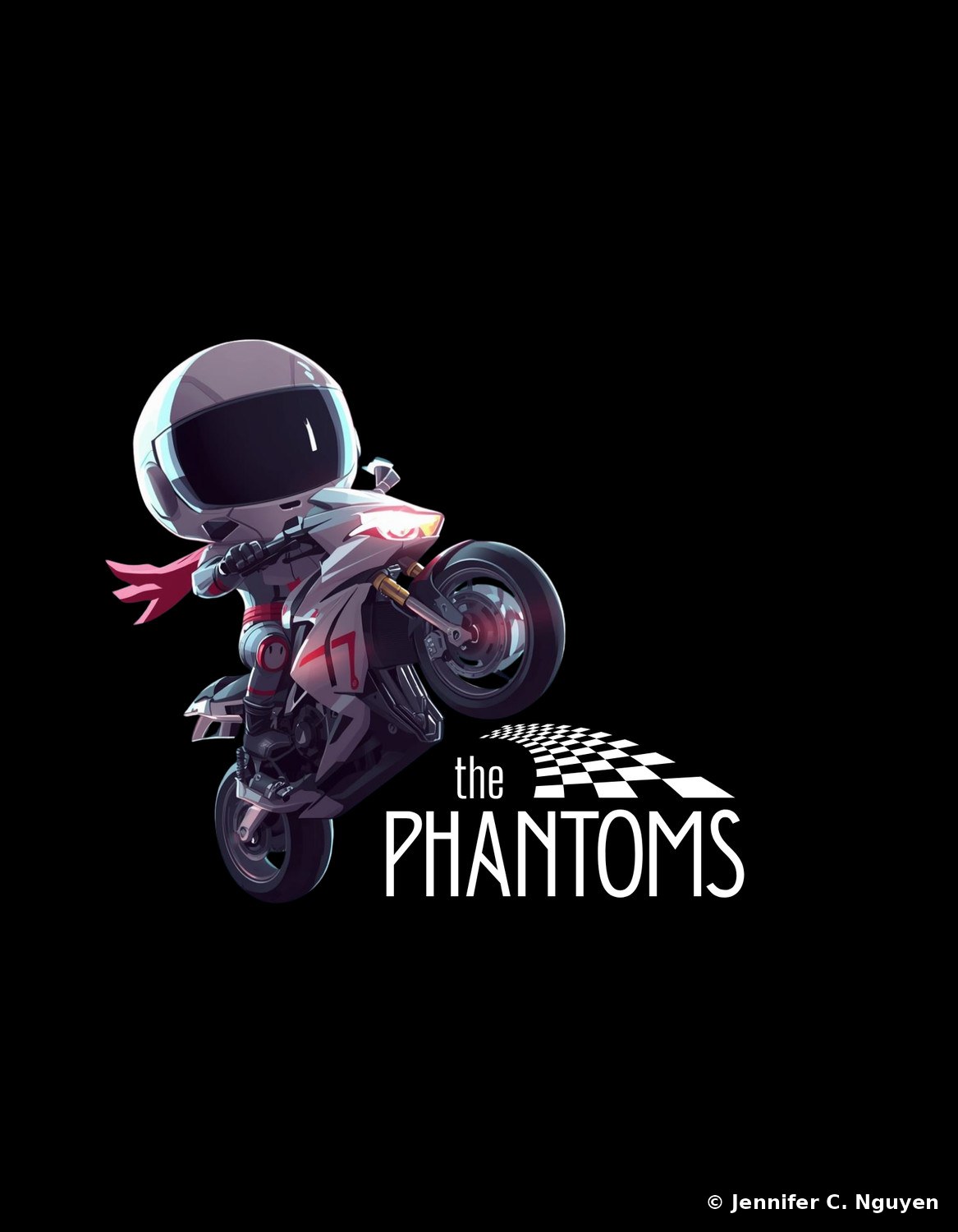 A colorful chibi astronaut-helmeted racer mascot popping a wheelie on a white and red motorcycle, a pink scarf trailing behind, with a checkered flag graphic and 'the PHANTOMS' lettering below