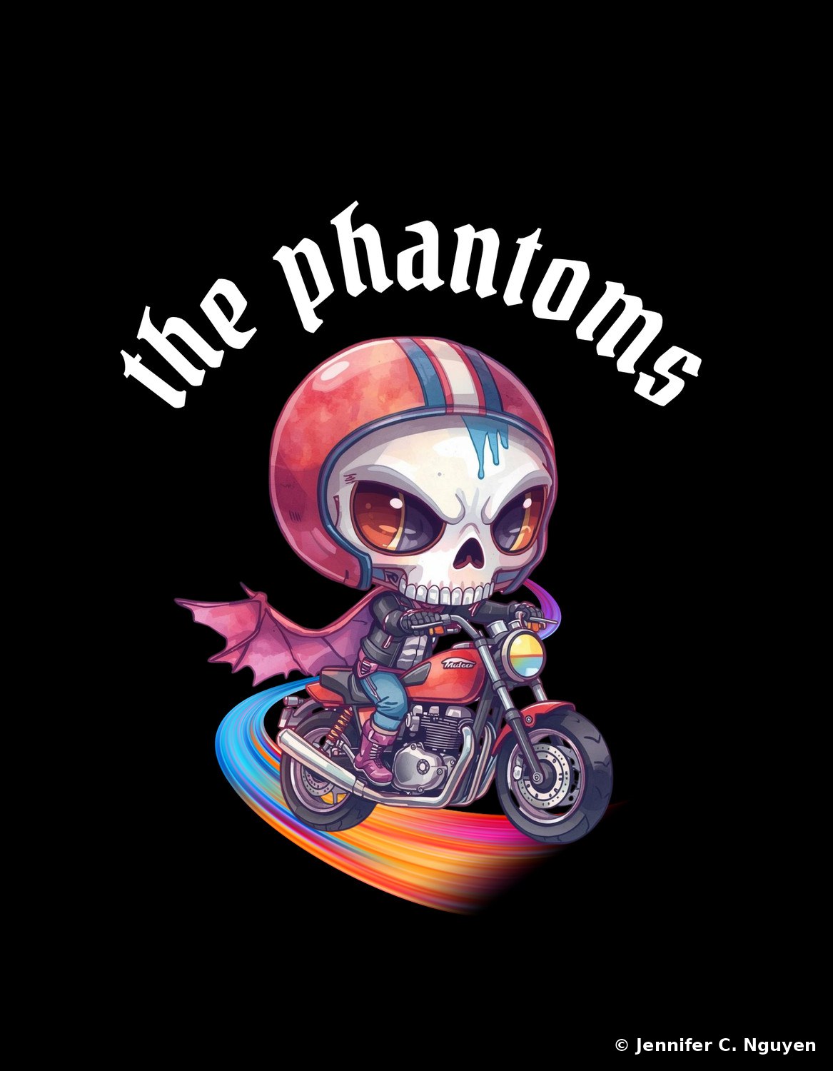 A colorful chibi skeleton mascot wearing a red and blue striped helmet and pink bat wings, riding a red motorcycle along a rainbow-colored speed trail, with 'the phantoms' in white gothic script above