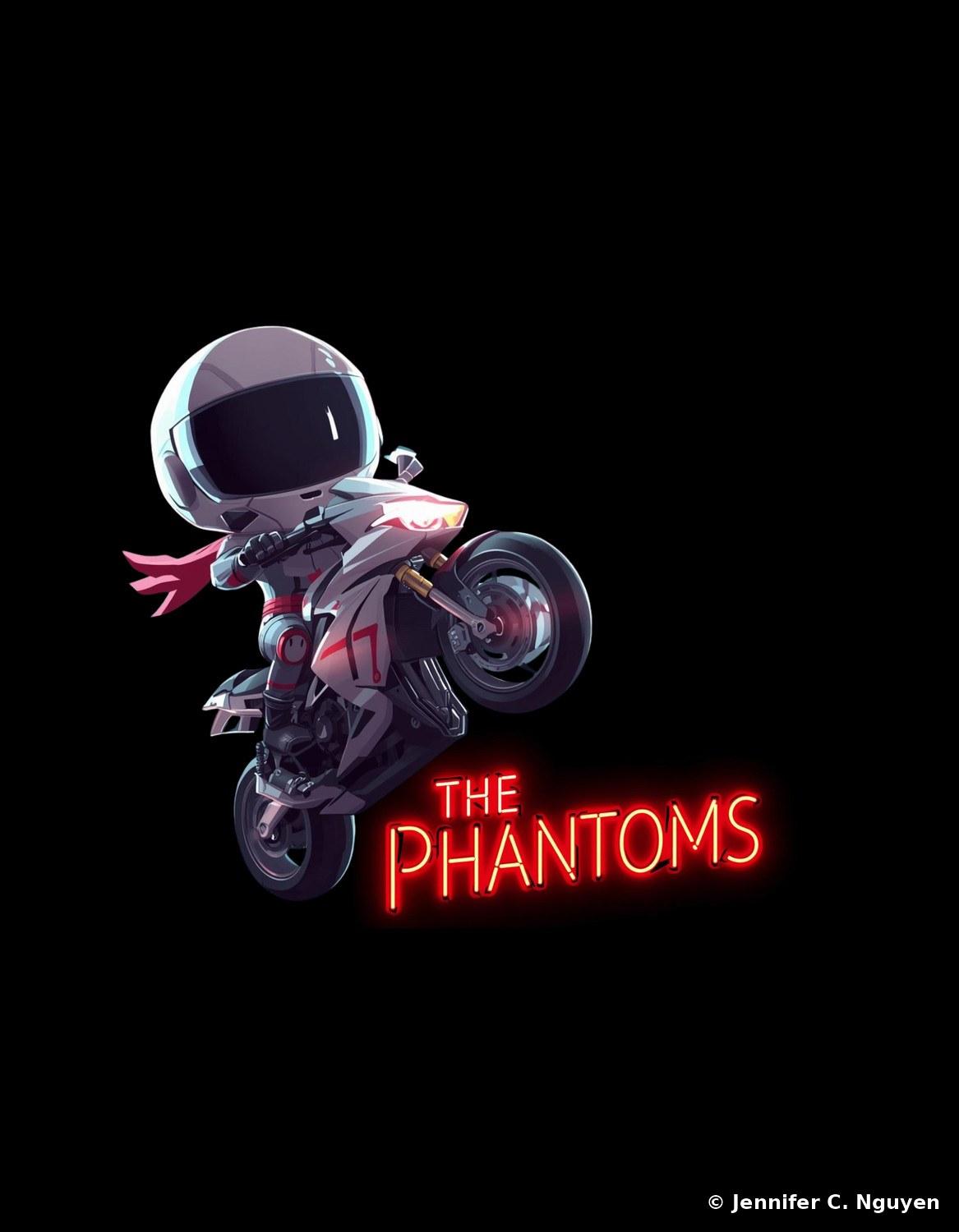 A colorful chibi astronaut-helmeted racer mascot popping a wheelie on a white and red motorcycle with a pink scarf trailing behind, 'THE PHANTOMS' rendered as a glowing red neon sign beside it