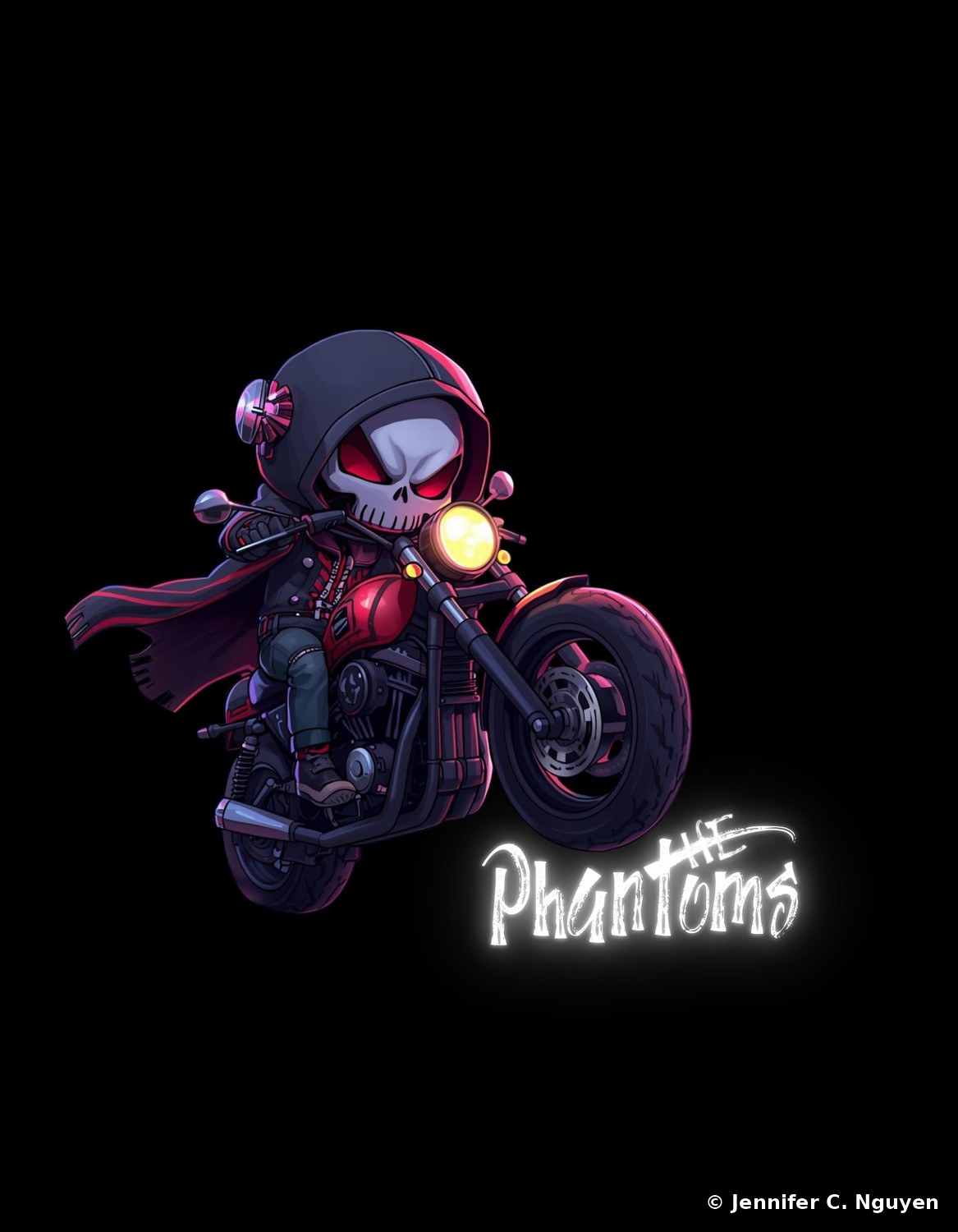 A dark chibi skeleton mascot with glowing red eyes wearing a hooded black and red racing jacket and helmet, riding a red and black motorcycle, with 'THE Phantoms' in glowing white brush lettering