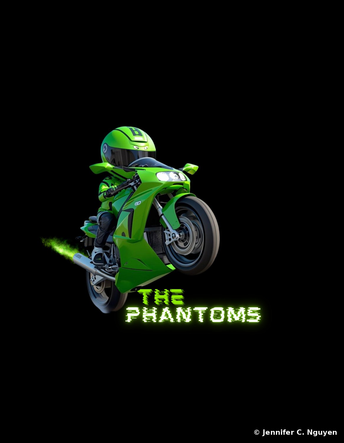 A photorealistic rendering of a green sportbike popping a wheelie with its rider in matching green racing leathers, a green exhaust flame trail behind, and 'THE PHANTOMS' in glitch-style green and white lettering