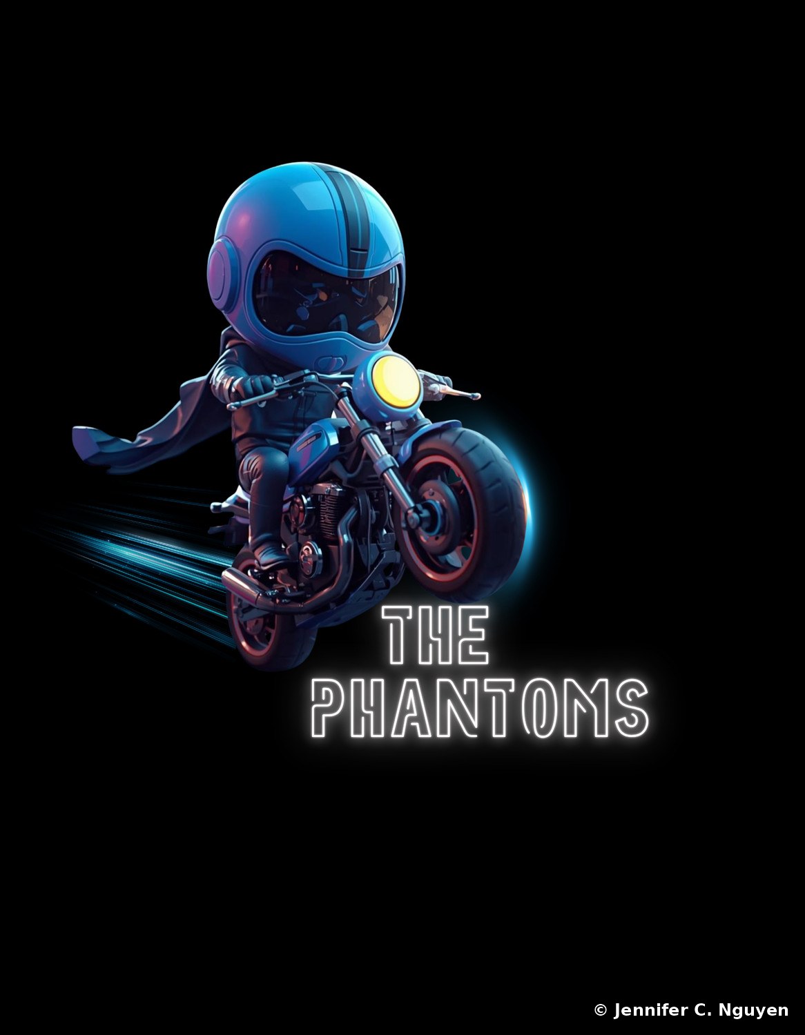 A chrome and blue chibi mascot rider in a glossy blue helmet and flowing cape on a dark motorcycle with glowing blue speed lines, 'THE PHANTOMS' in blue neon outline lettering below