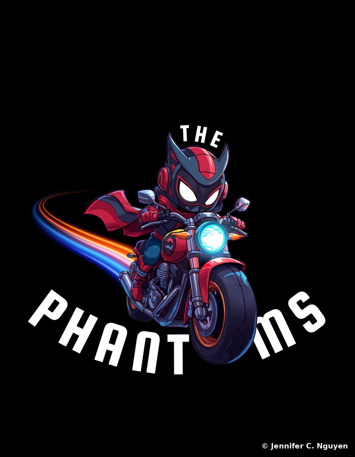 A red and black chibi mascot rider with cat-like ear fins on its helmet and glowing white eyes, riding a red motorcycle with a blue and orange light trail, 'THE PHANT...MS' lettering arched around the character