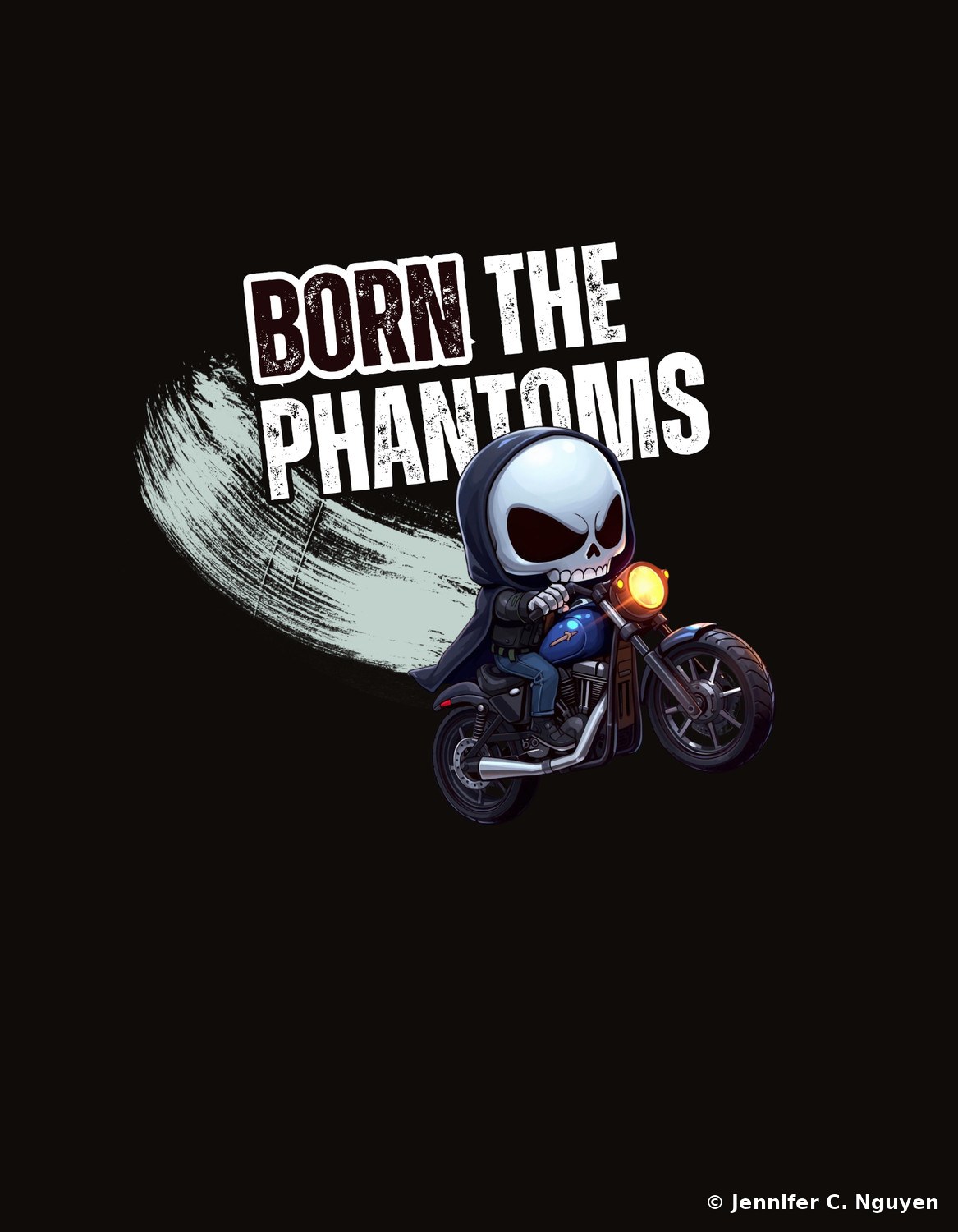 A small hooded skeleton mascot in a dark cloak riding a blue chopper-style motorcycle with a glowing headlight, a light gray paint-swipe graphic and 'BORN THE PHANTOMS' distressed lettering above