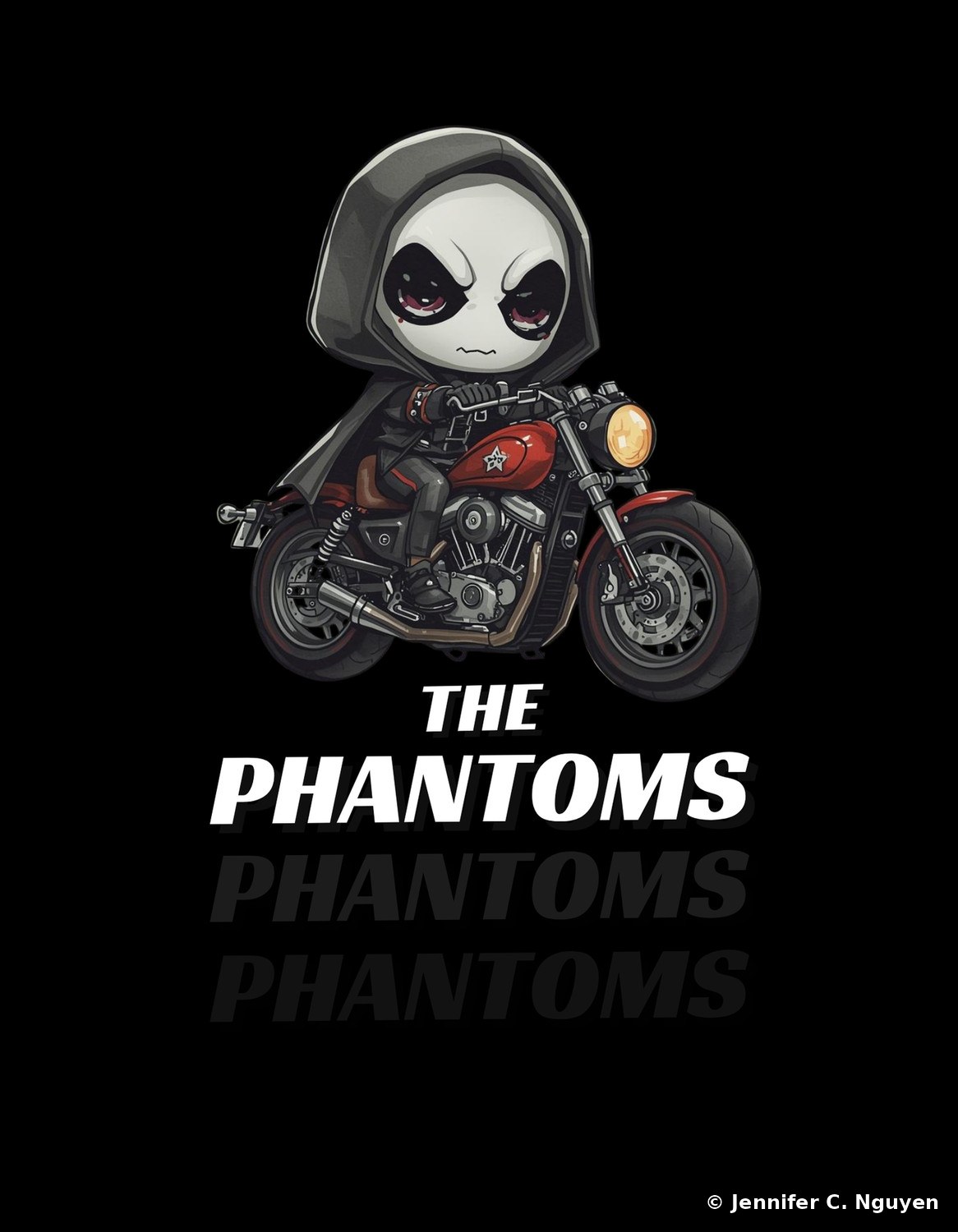 A large-eyed hooded skeleton mascot with a somber expression riding a red vintage-style motorcycle with a star-badge fuel tank, 'BORN THE PHANTOMS' in bold layered white lettering with a repeated drop-shadow effect