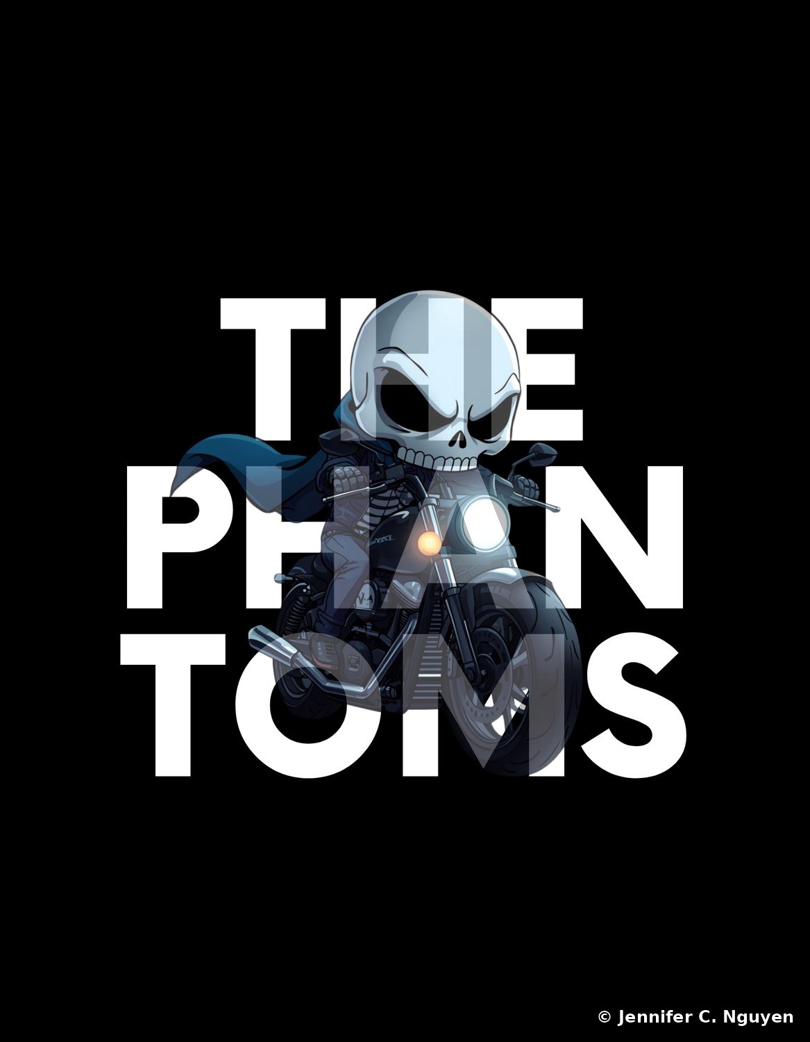 A dark chibi skeleton mascot with a blue hooded cloak riding a black motorcycle with a glowing white headlight, oversized ghosted 'THE PHANTOMS' lettering layered behind the character in the background