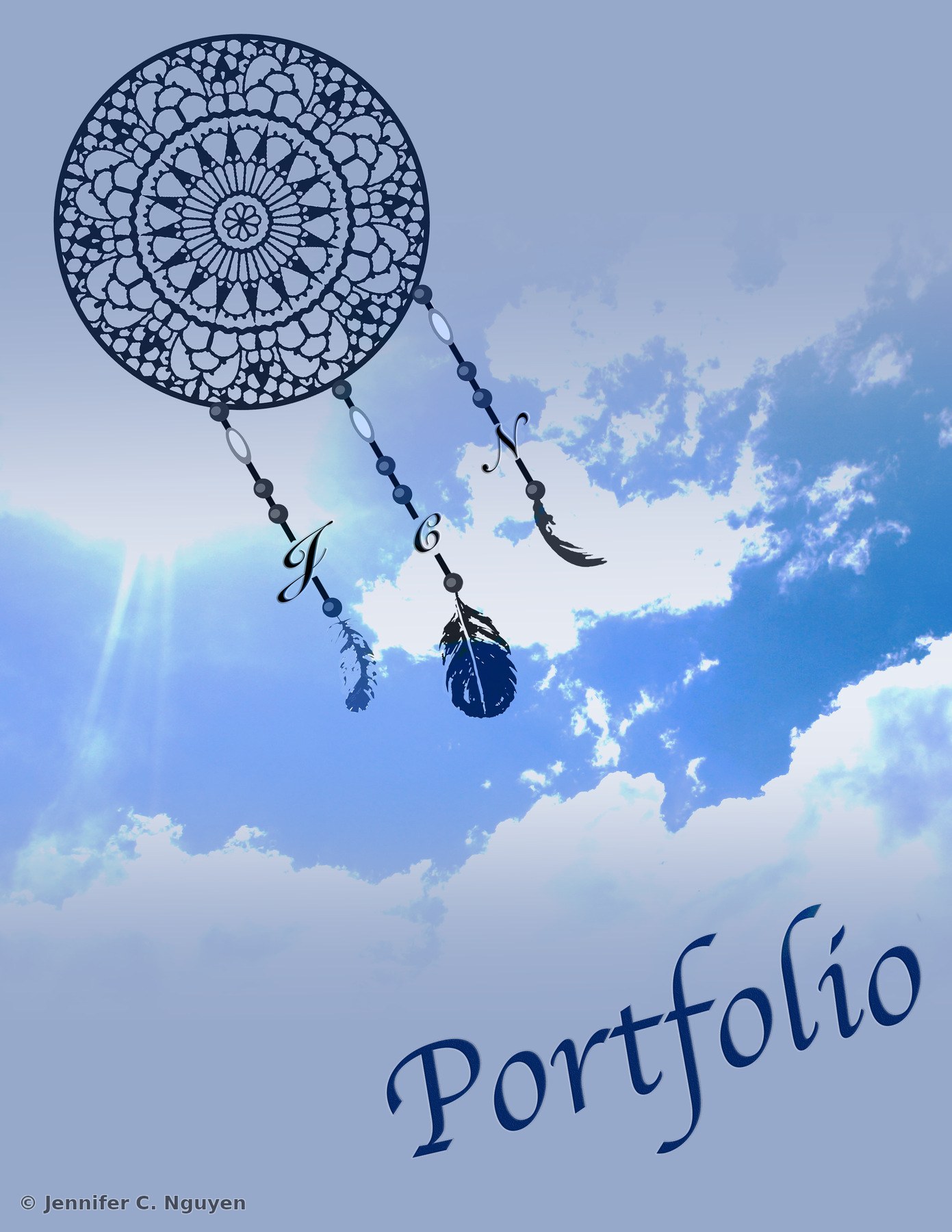 Portfolio front cover design featuring an illustrated navy blue dreamcatcher with beaded strands and feathers layered over a bright blue sky and cloud photograph, with Jennifer C. Nguyen's initials worked into the beaded strands and the word Portfolio in script across the bottom