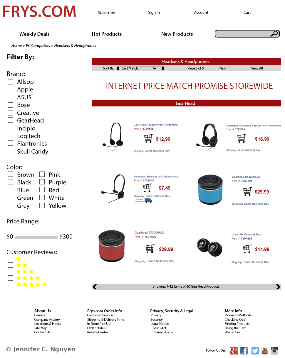 Mock desktop e-commerce category page design for Frys.com showing a Headsets and Headphones product listing with a brand, color, price range, and customer review filter sidebar, and a grid of six GearHead-brand products with prices
