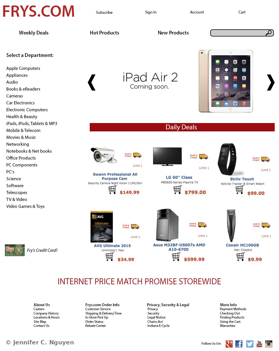 Mock desktop e-commerce homepage design for Frys.com featuring a red header navigation bar, a featured iPad Air 2 product carousel, a department list sidebar, and a grid of six daily deal products with prices and shipping icons