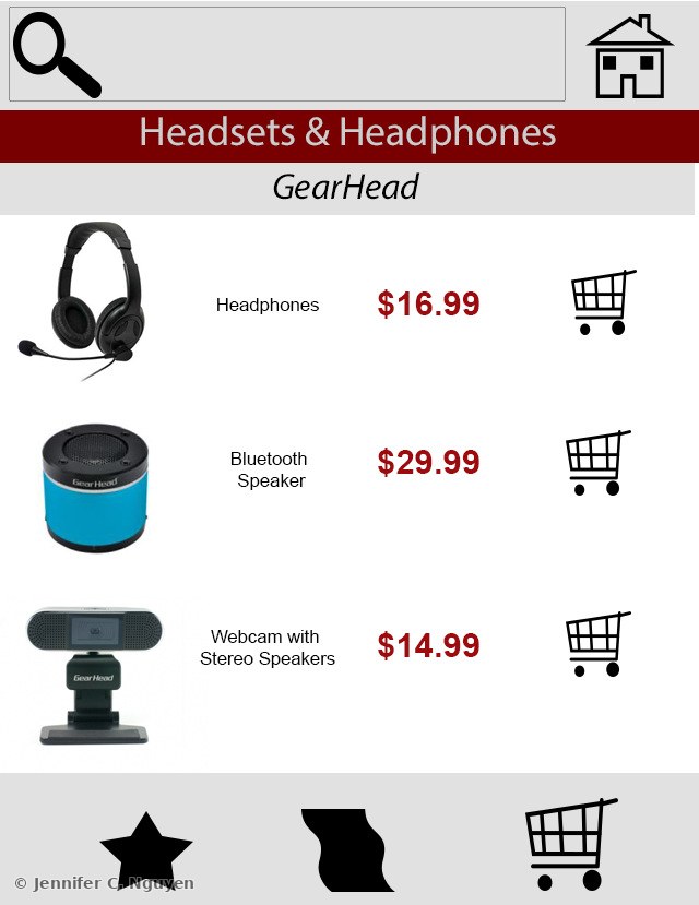 Mock mobile app category page design for Frys.com showing three GearHead-brand headset and speaker products stacked vertically with product photos, names, and prices, plus star, filter, and cart icons along the bottom