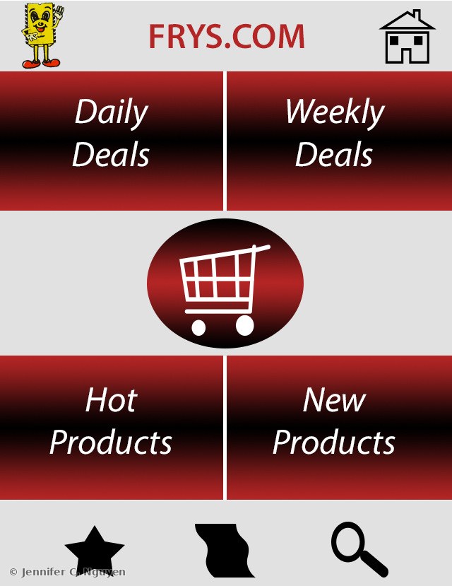 Mock mobile app home screen design for Frys.com with a red and gray grid layout of four large tappable tiles labeled Daily Deals, Weekly Deals, Hot Products, and New Products, a central shopping cart icon, and star, filter, and search icons along the bottom