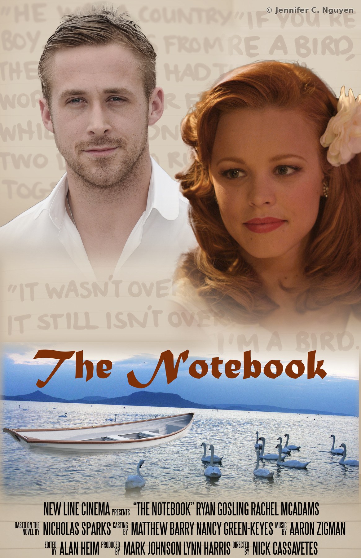 Recreated movie poster for The Notebook featuring composited portraits of a man and woman over a handwritten letter background, with a rowboat and swans on a lake below the title and full cast and crew credits at the bottom