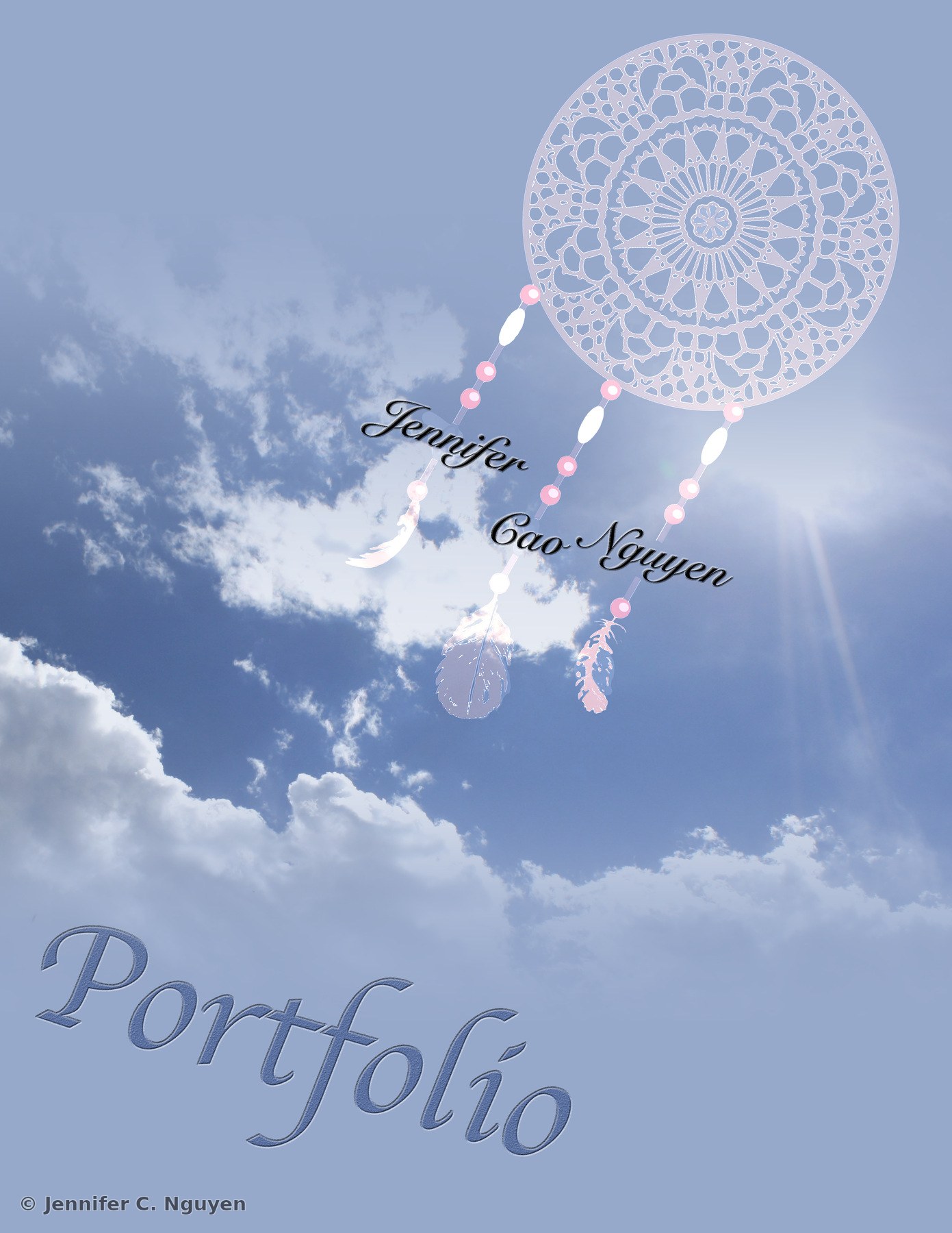 Portfolio back cover design featuring an illustrated pale blue and pink dreamcatcher with beaded strands and feathers layered over a bright blue sky and cloud photograph, with Jennifer Cao Nguyen's full name spelled out along the beaded strands and the word Portfolio in script across the bottom
