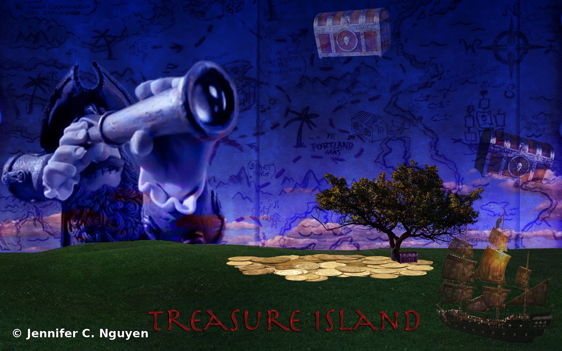Fantasy photo composite titled Treasure Island showing a pirate silhouette looking through a spyglass toward a distant treasure chest, with a pile of gold coins, a tree, and a pirate ship layered over a hand-drawn treasure map background