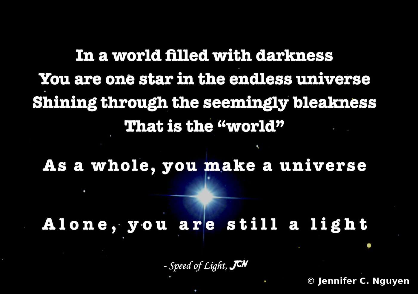 Original short poem titled Speed of Light set in bold white serif type over a starfield background, centered on a single bright star with a blue lens-flare glow, signed with the initials JCN
