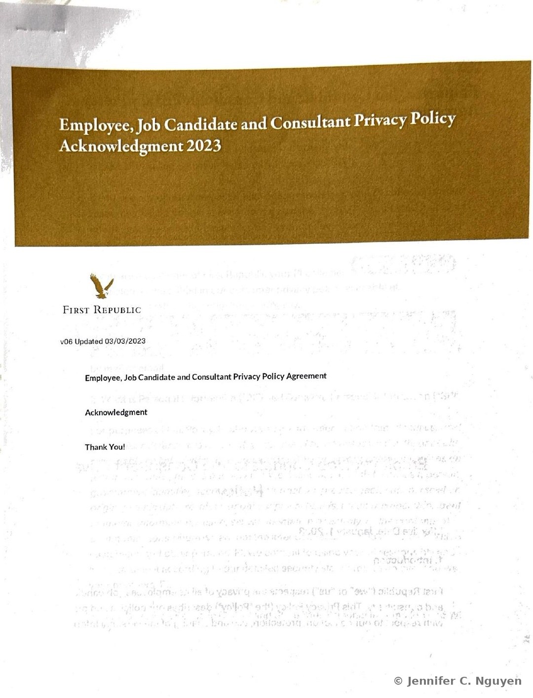 Employee, Job Candidate and Consultant Privacy Policy Acknowledgment 2023 course title page with a dark mustard-gold textured header band holding a white serif title, First Republic eagle logo and wordmark below, version text reading v06 Updated 03/03/2023, and a three-item lesson menu listing Employee, Job Candidate and Consultant Privacy Policy Agreement, Acknowledgment, and Thank You, with a faint double-exposed scan ghost of the same menu text layered behind it