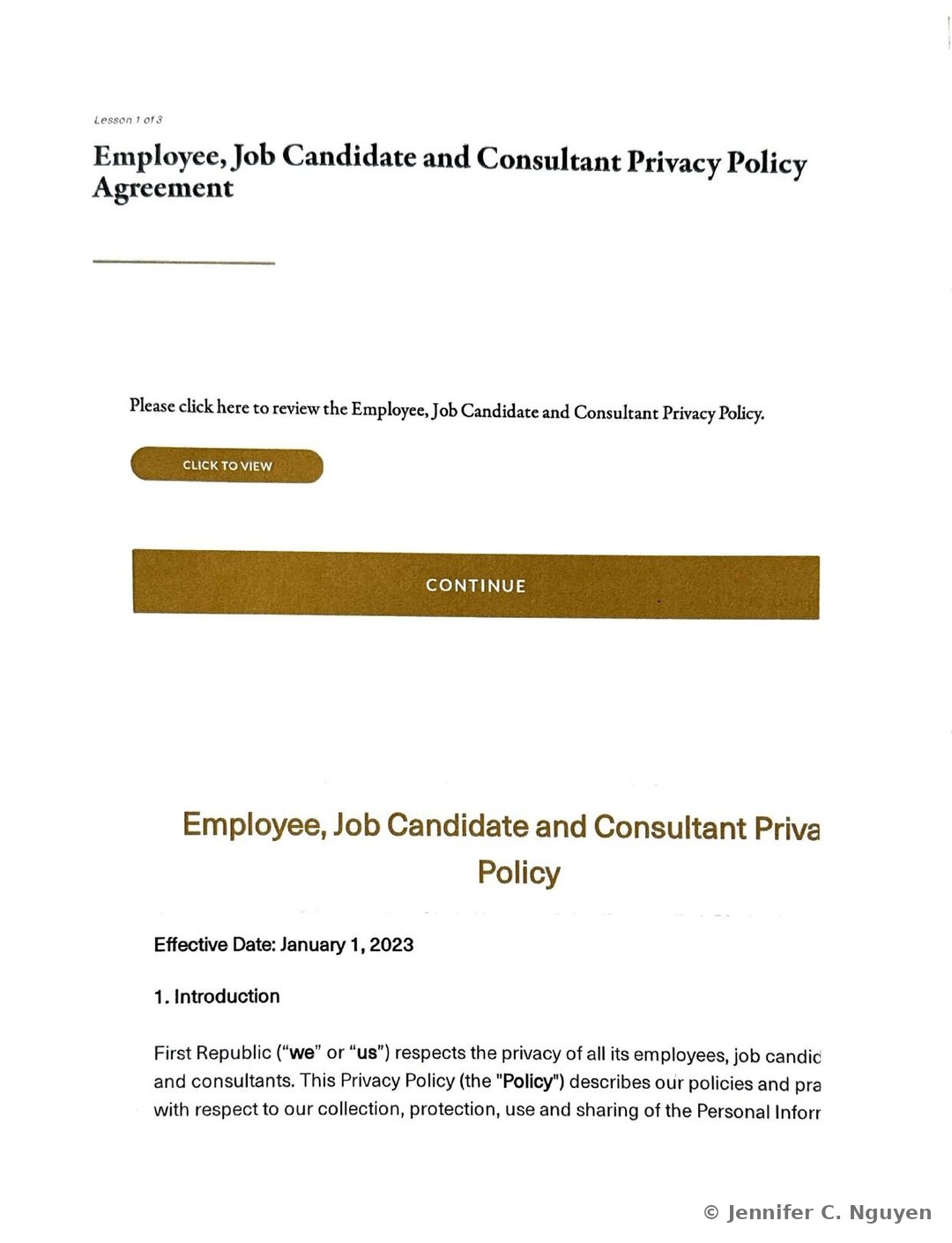 Lesson 1 of 3 slide with an Employee, Job Candidate and Consultant Privacy Policy Agreement heading, an instruction to click and review the Policy with a mustard Click to View button and a black Continue bar, followed by the embedded Policy document's own gold heading, an Effective Date of January 1, 2023, and the opening paragraph of its Introduction section describing First Republic's respect for the privacy of its employees, job candidates, and consultants