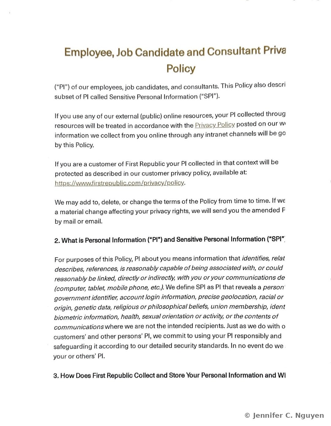 Privacy Policy continuation page defining Personal Information and Sensitive Personal Information, noting that externally collected online PI is governed by the public Privacy Policy while customer PI falls under a separate customer privacy policy, and introducing a Section 2 heading that defines SPI as PI revealing government identifiers, account login information, precise geolocation, racial or ethnic origin, genetic data, religious beliefs, union membership, biometric information, health, sexual orientation, or private communications content