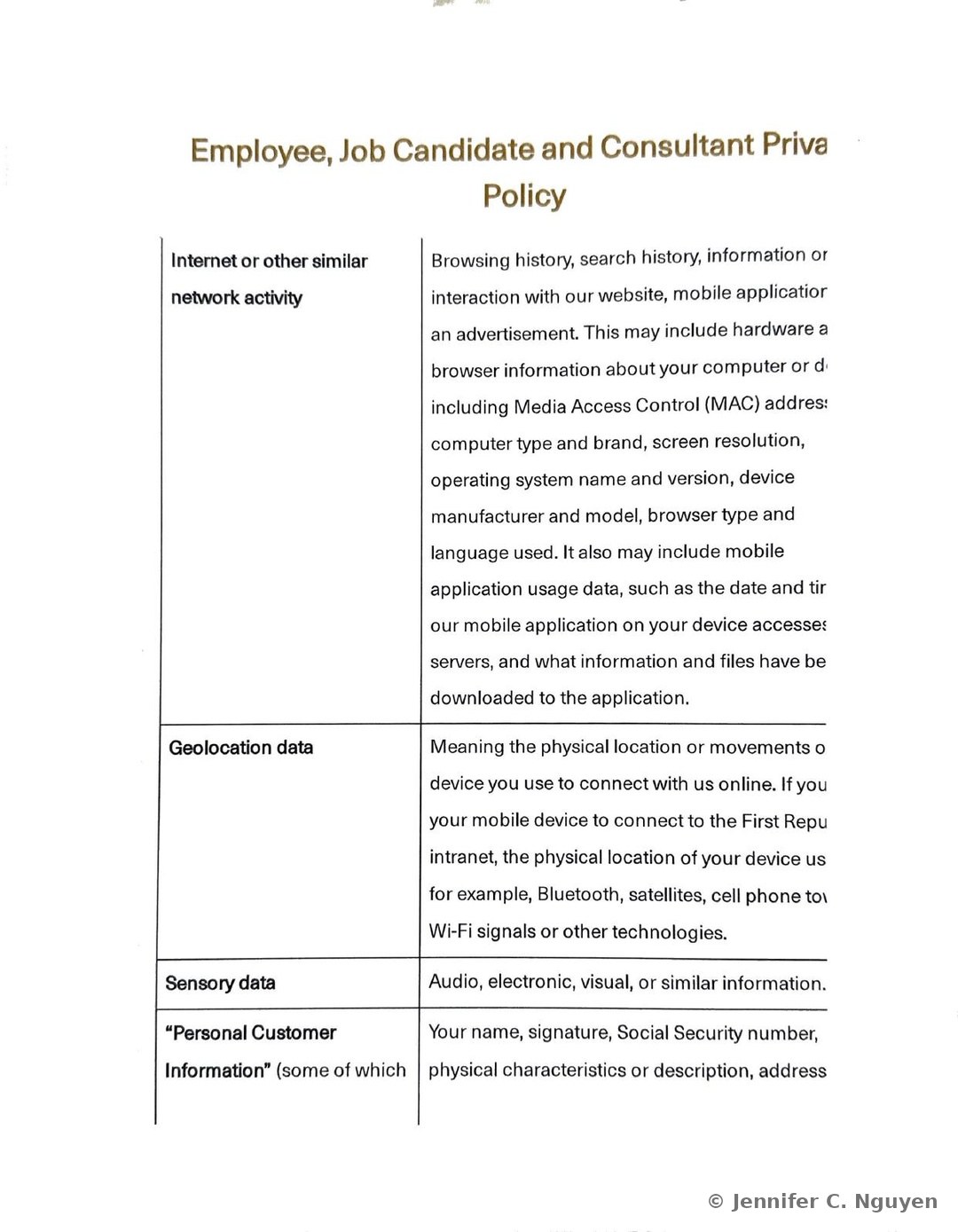 Data category table continuation listing an Internet or other similar network activity row covering browsing history and device information, a Geolocation data row describing physical location tracking through Bluetooth, satellites, cell towers, and Wi-Fi signals, a Sensory data row covering audio, electronic, and visual information, and the start of a Personal Customer Information row