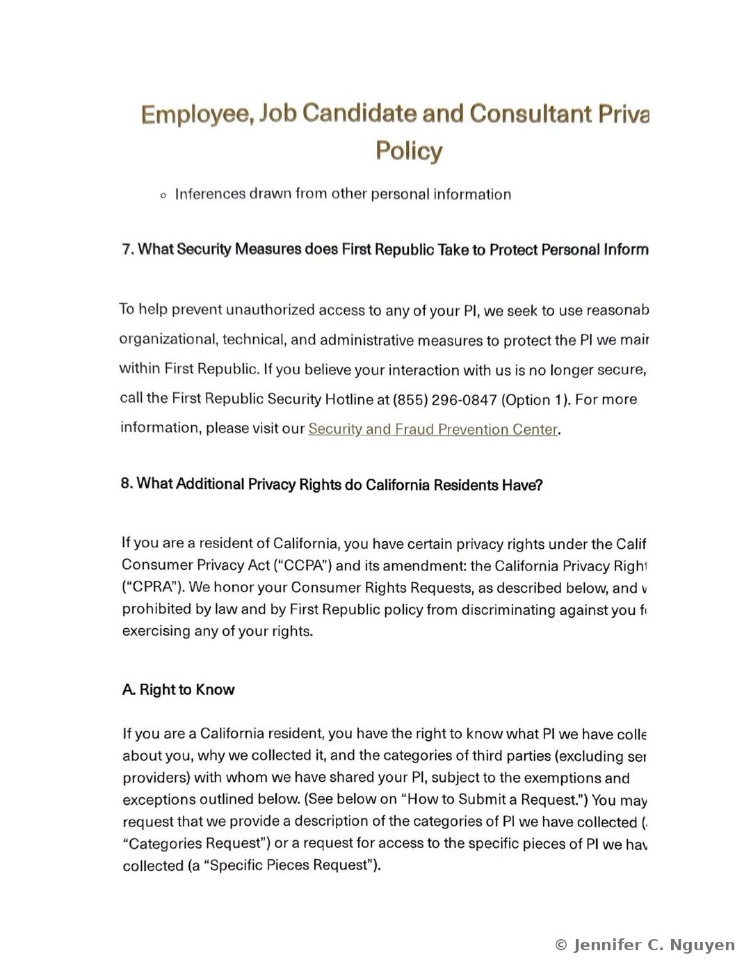 Privacy Policy page closing the disclosure-category list with an Inferences drawn from other personal information item, followed by a Section 7 heading on security measures citing the First Republic Security Hotline phone number and Security and Fraud Prevention Center link, and a Section 8 heading introducing additional privacy rights for California residents under the CCPA and CPRA, including the start of a Right to Know subsection