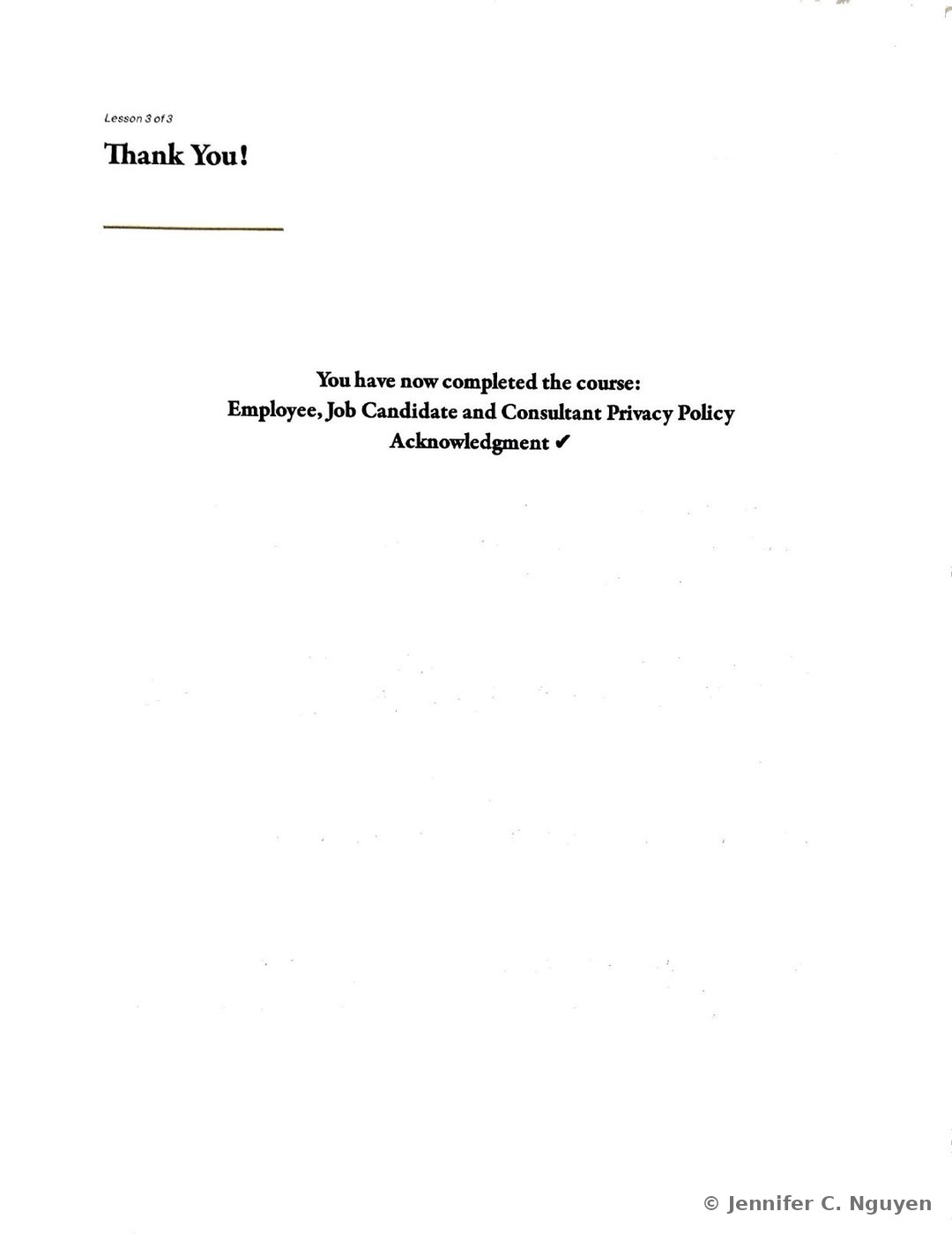 Course completion slide numbered Lesson 3 of 3 reading Thank You, confirming that the reader has completed the course Employee, Job Candidate and Consultant Privacy Policy Acknowledgment with a checkmark
