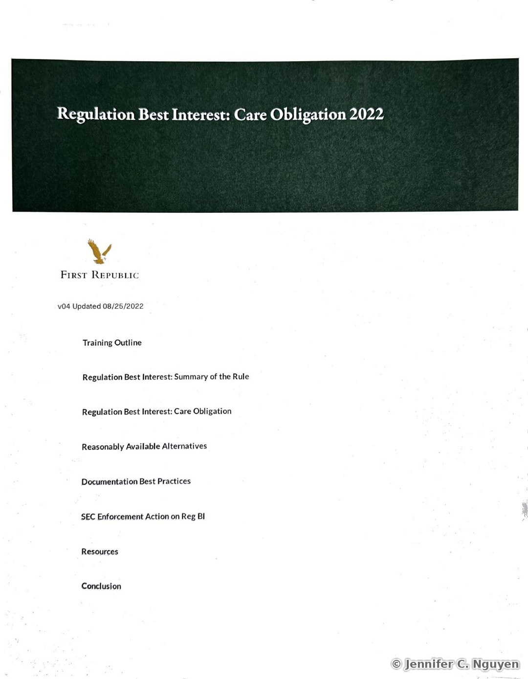 Regulation Best Interest: Care Obligation 2022 course title page with a dark charcoal header band holding a white serif title, First Republic eagle logo below on a white background, version text reading v04 Updated 08/25/2022, and a vertical lesson list reading Training Outline, Regulation Best Interest: Summary of the Rule, Regulation Best Interest: Care Obligation, Reasonably Available Alternatives, Documentation Best Practices, SEC Enforcement Action on Reg BI, Resources, and Conclusion