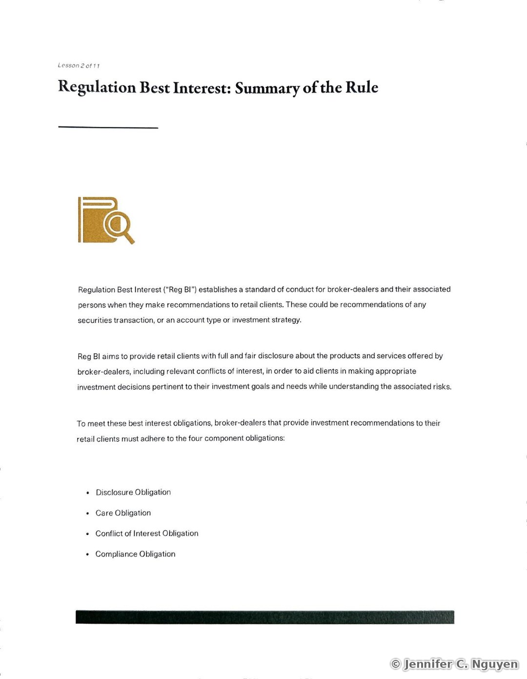Regulation Best Interest: Summary of the Rule slide numbered Lesson 2 of 11 with a gold book-and-magnifying-glass icon, explaining that Reg BI establishes a standard of conduct for broker-dealers making recommendations to retail clients, and a bulleted list of the four component obligations: Disclosure Obligation, Care Obligation, Conflict of Interest Obligation, and Compliance Obligation
