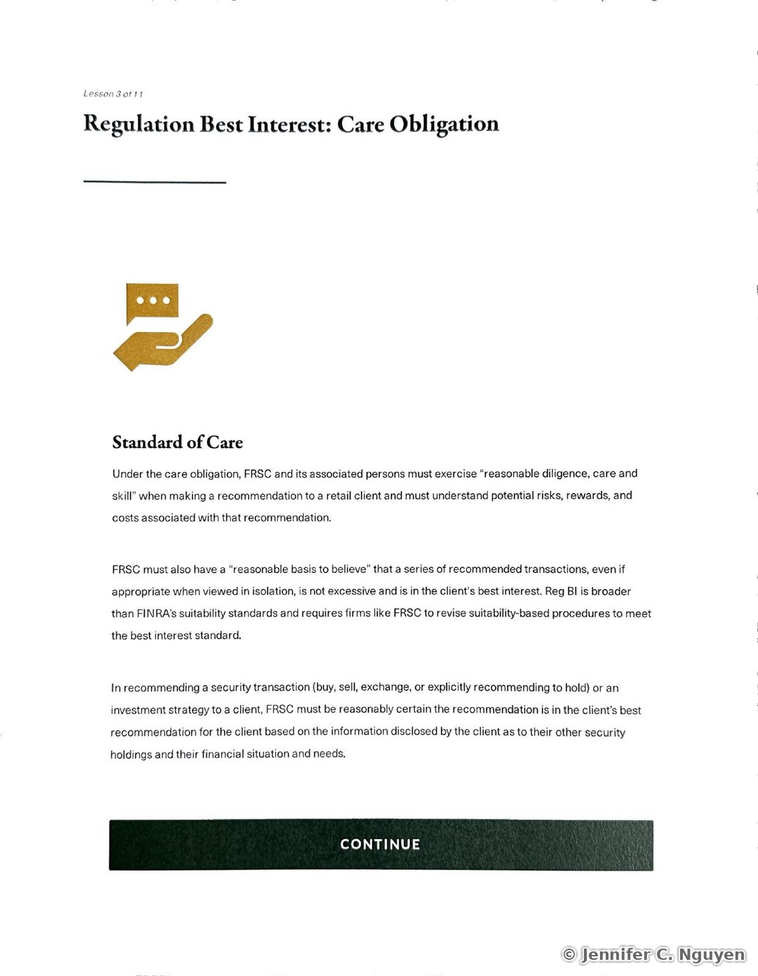 Regulation Best Interest: Care Obligation slide numbered Lesson 3 of 11 with a gold speech-bubble-and-hand icon, a Standard of Care heading explaining that FRSC and its associated persons must exercise reasonable diligence, care and skill when making a recommendation, and that Reg BI is broader than FINRA's suitability standards and requires firms to revise suitability-based procedures to meet the best interest standard