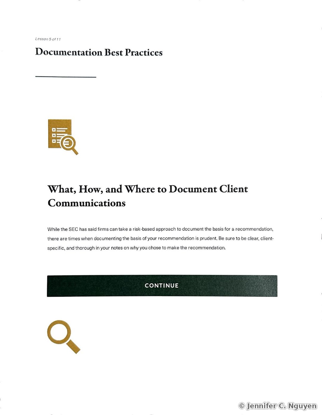 Documentation Best Practices slide numbered Lesson 5 of 11 with a gold document-and-magnifying-glass icon, a What, How, and Where to Document Client Communications heading, and paragraph text noting that while the SEC allows a risk-based approach to documentation, notes should be clear, client-specific, and thorough in explaining the basis for a recommendation