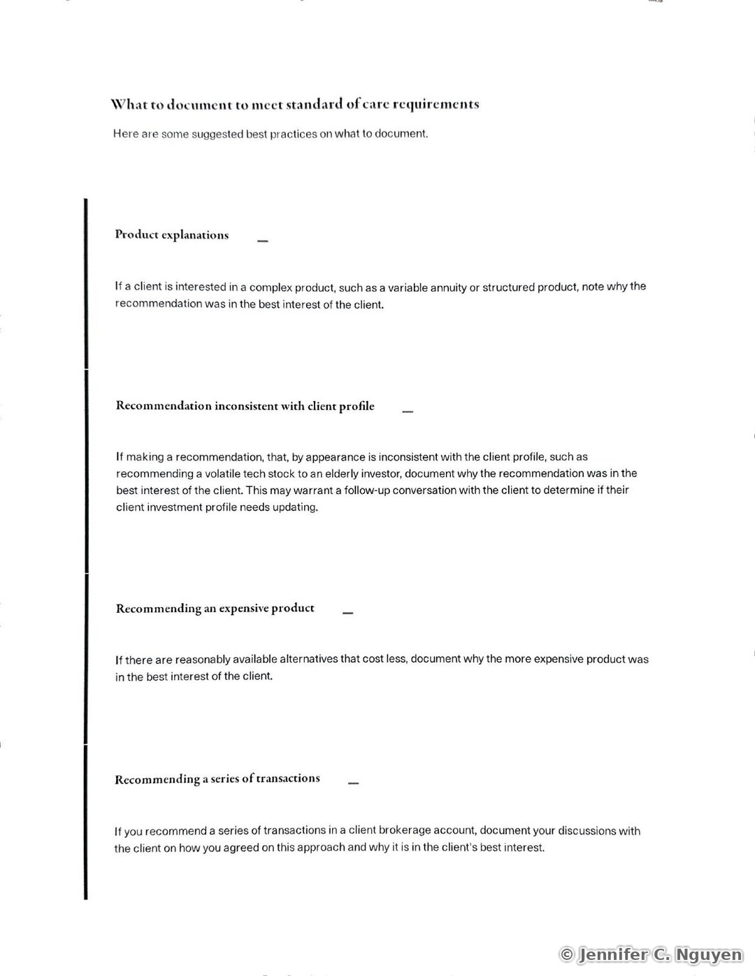 What to document to meet standard of care requirements slide with a vertical bordered list of scenario headings including Product explanations, Recommendation inconsistent with client profile, Recommending an expensive product, and Recommending a series of transactions, each followed by guidance on documenting the rationale for the recommendation