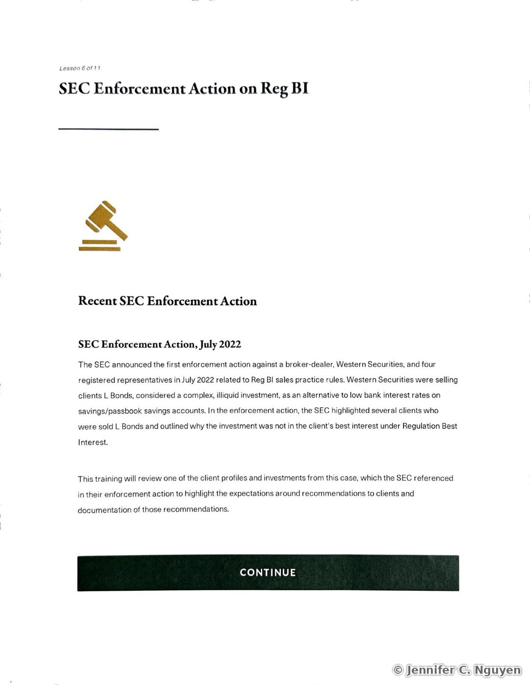 SEC Enforcement Action on Reg BI slide numbered Lesson 6 of 11 with a gold gavel icon, a Recent SEC Enforcement Action heading, and paragraph text explaining that in July 2022 the SEC announced its first Reg BI enforcement action against broker-dealer Western Securities and four registered representatives for selling clients complex, illiquid L Bonds as an alternative to low bank interest rates