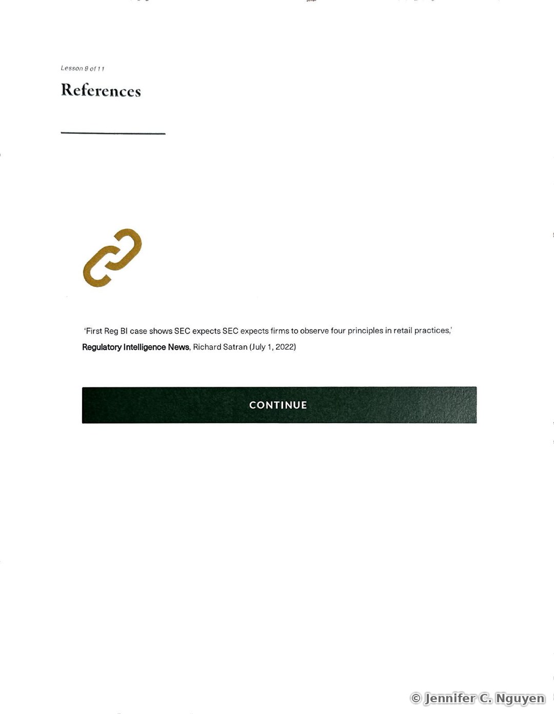 References slide numbered Lesson 9 of 11 with a gold link-chain icon and a citation reading First Reg BI case shows SEC expects firms to observe four principles in retail practices, Regulatory Intelligence News, Richard Satran, July 1, 2022