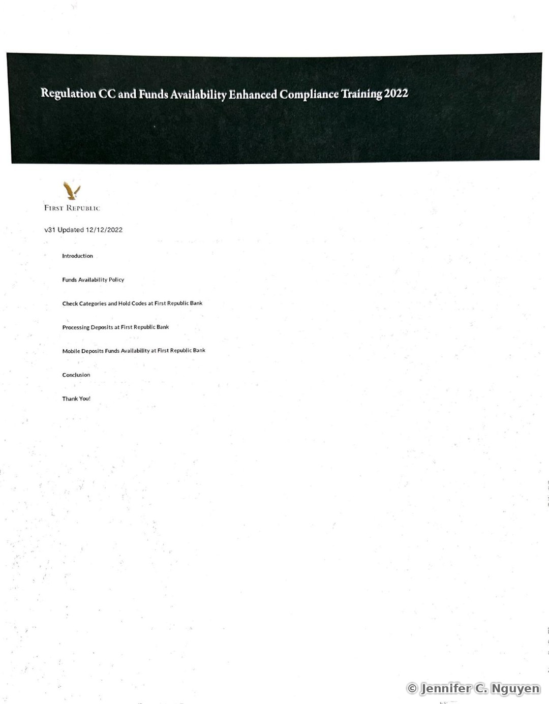 Regulation CC and Funds Availability Enhanced Compliance Training 2022 course title page with a dark charcoal header band holding a white serif title, First Republic eagle logo below on a white background, version text reading v31 Updated 12/12/2022, and a vertical lesson list reading Introduction, Funds Availability Policy, Check Categories and Hold Codes at First Republic Bank, Processing Deposits at First Republic Bank, Mobile Deposits Funds Availability at First Republic Bank, Conclusion, and Thank You!