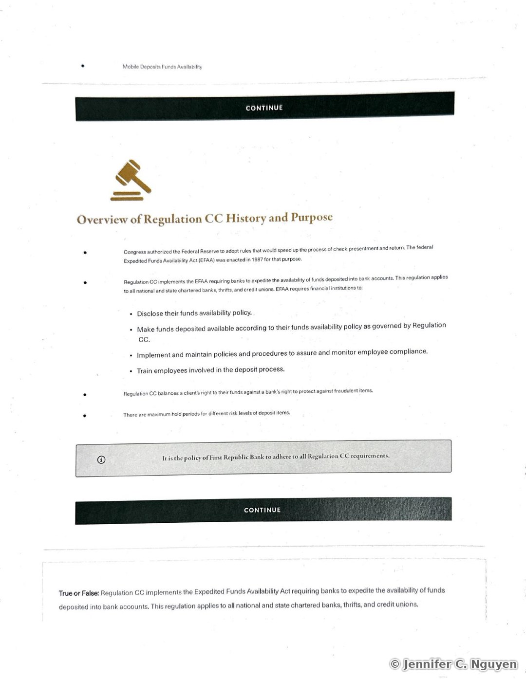 Overview of Regulation CC History and Purpose slide with a gold gavel icon, explaining that Congress authorized the Federal Reserve to adopt rules speeding up check presentment and return through the 1987 Expedited Funds Availability Act, that Regulation CC applies to all national and state chartered banks, thrifts, and credit unions, and a gray callout box stating it is the policy of First Republic Bank to adhere to all Regulation CC requirements, followed by the start of a True or False question restating the EFAA overview