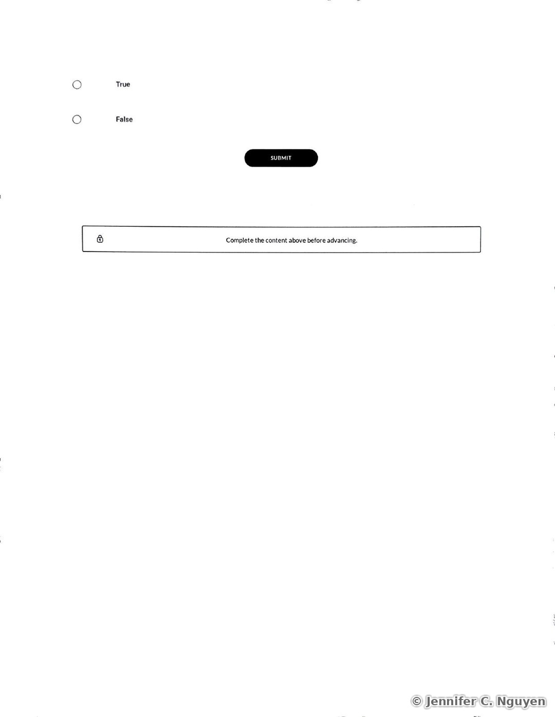 Quiz answer screen with True and False radio-button options and a black rounded Submit button beneath the Regulation CC and EFAA True or False question, followed by a bordered lock-icon notice reading Complete the content above before advancing