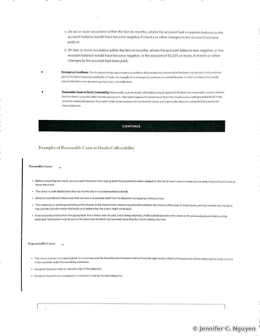 Slide continuing the Exception Holds lesson with numbered Repeated Overdraft criteria, followed by gold-bulleted Emergency Conditions and Reasonable Cause to Doubt Collectability definitions explaining that checks may be held during conditions like natural disasters or when facts would cause a well-grounded belief of uncollectibility, and the start of an Examples of Reasonable Cause to Doubt Collectability section listing Permissible Causes such as a stop-payment notice or stale-dated check