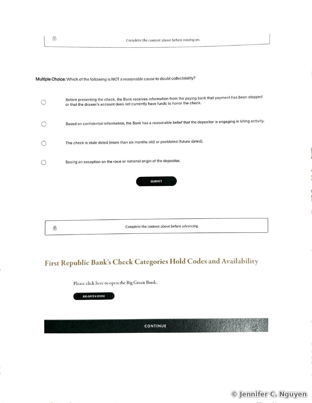 Multiple Choice quiz asking which answer is NOT a reasonable cause to doubt collectability, with four options including basing an exception on race or national origin of the depositor, followed by a First Republic Bank's Check Categories Hold Codes and Availability heading and a black rounded Big Green Book button linking to the bank's official hold-code reference