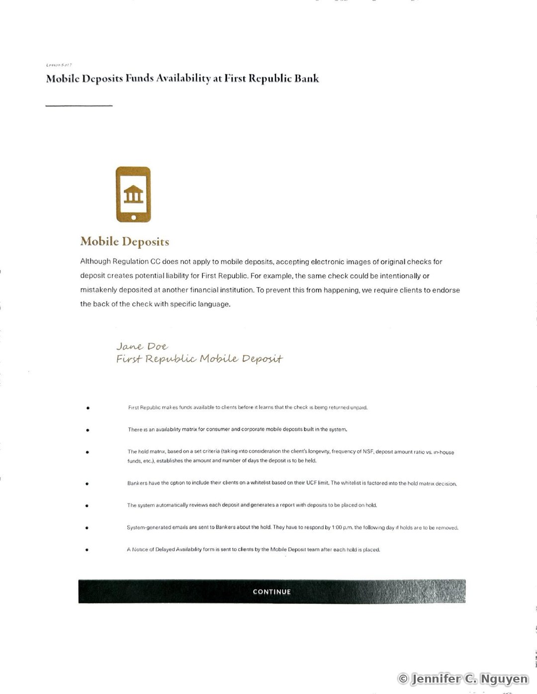 Mobile Deposits Funds Availability at First Republic Bank slide numbered Lesson 5 of 7 with a gold phone-and-bank icon, explaining that although Regulation CC does not apply to mobile deposits, First Republic requires clients to endorse checks with specific Mobile Deposit language, followed by a sample endorsement reading Jane Doe, First Republic Mobile Deposit, and a bulleted list describing the hold matrix, Banker whitelist, and system-generated hold emails