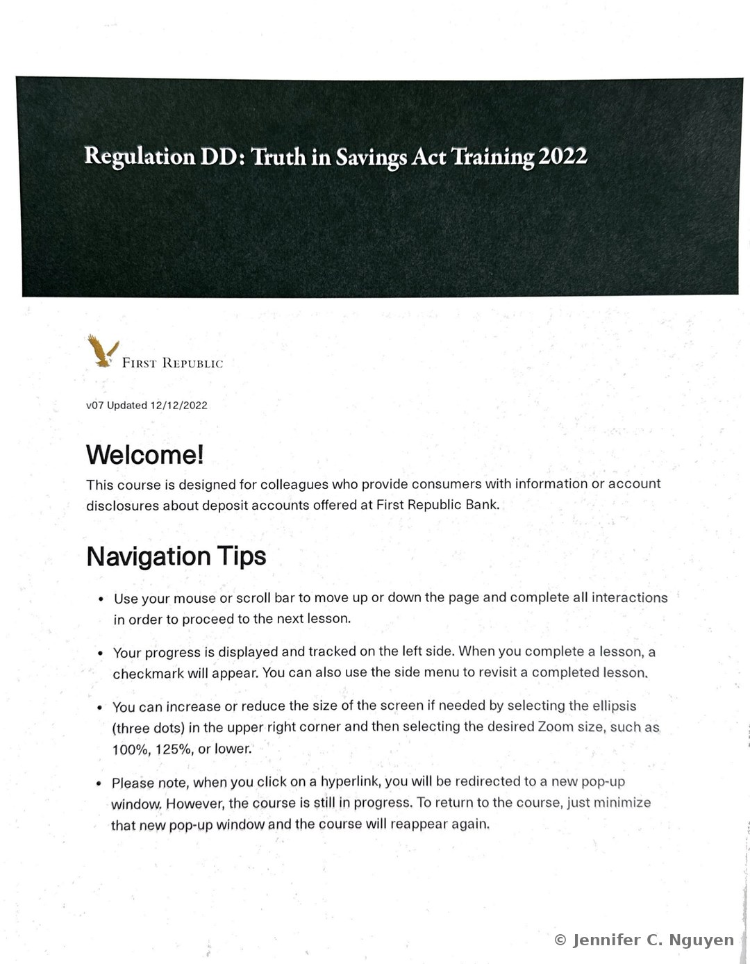 Regulation DD: Truth in Savings Act Training 2022 course title page with a dark charcoal header band holding a white serif title, First Republic eagle logo below on a white background, version text reading v07 Updated 12/12/2022, a Welcome paragraph explaining that the course is designed for colleagues who provide consumers with information or account disclosures about deposit accounts, and the start of an eLearning Navigation Tips bulleted list