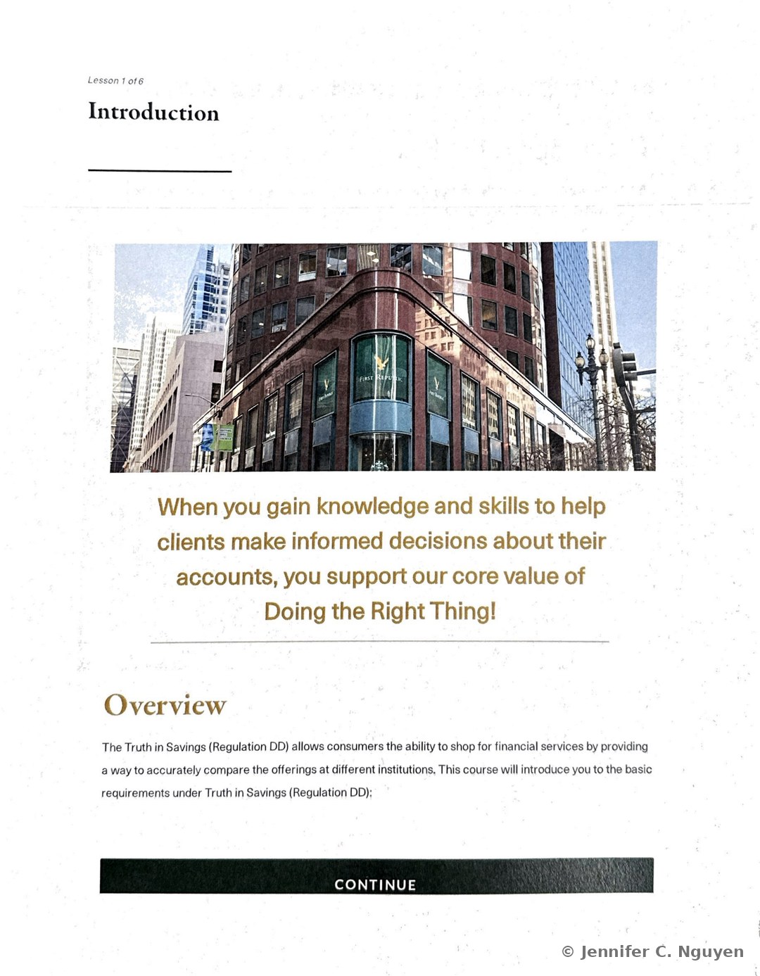 Introduction slide numbered Lesson 1 of 6 with a photograph of a First Republic branch building's curved glass corner facade among city high-rises, a gold pull-quote reading When you gain knowledge and skills to help clients make informed decisions about their accounts, you support our core value of Doing the Right Thing, and the start of an Overview section explaining that Truth in Savings (Regulation DD) lets consumers shop for financial services by comparing offerings across institutions
