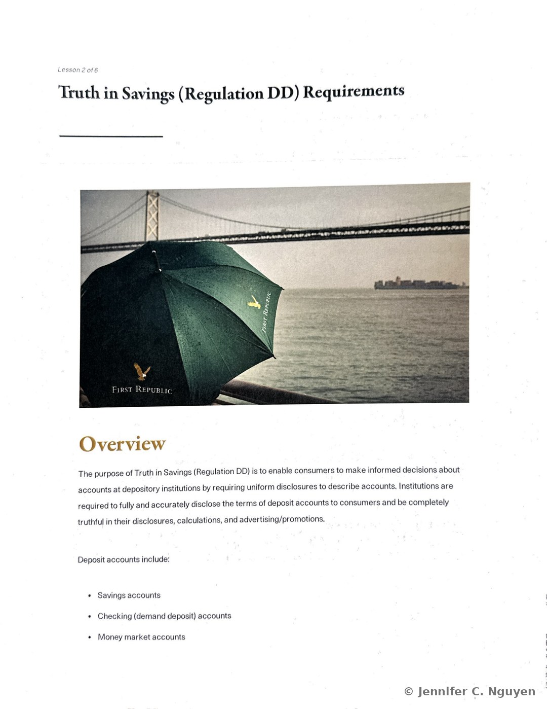 Truth in Savings (Regulation DD) Requirements slide numbered Lesson 2 of 6 with a photograph of a First Republic golf umbrella held up against a view of a suspension bridge over the bay, an Overview section explaining that Truth in Savings (Regulation DD) enables consumers to make informed account decisions through uniform, accurate disclosures, and the start of a Deposit Accounts Include bulleted list naming savings accounts, checking (demand deposit) accounts, and money market accounts
