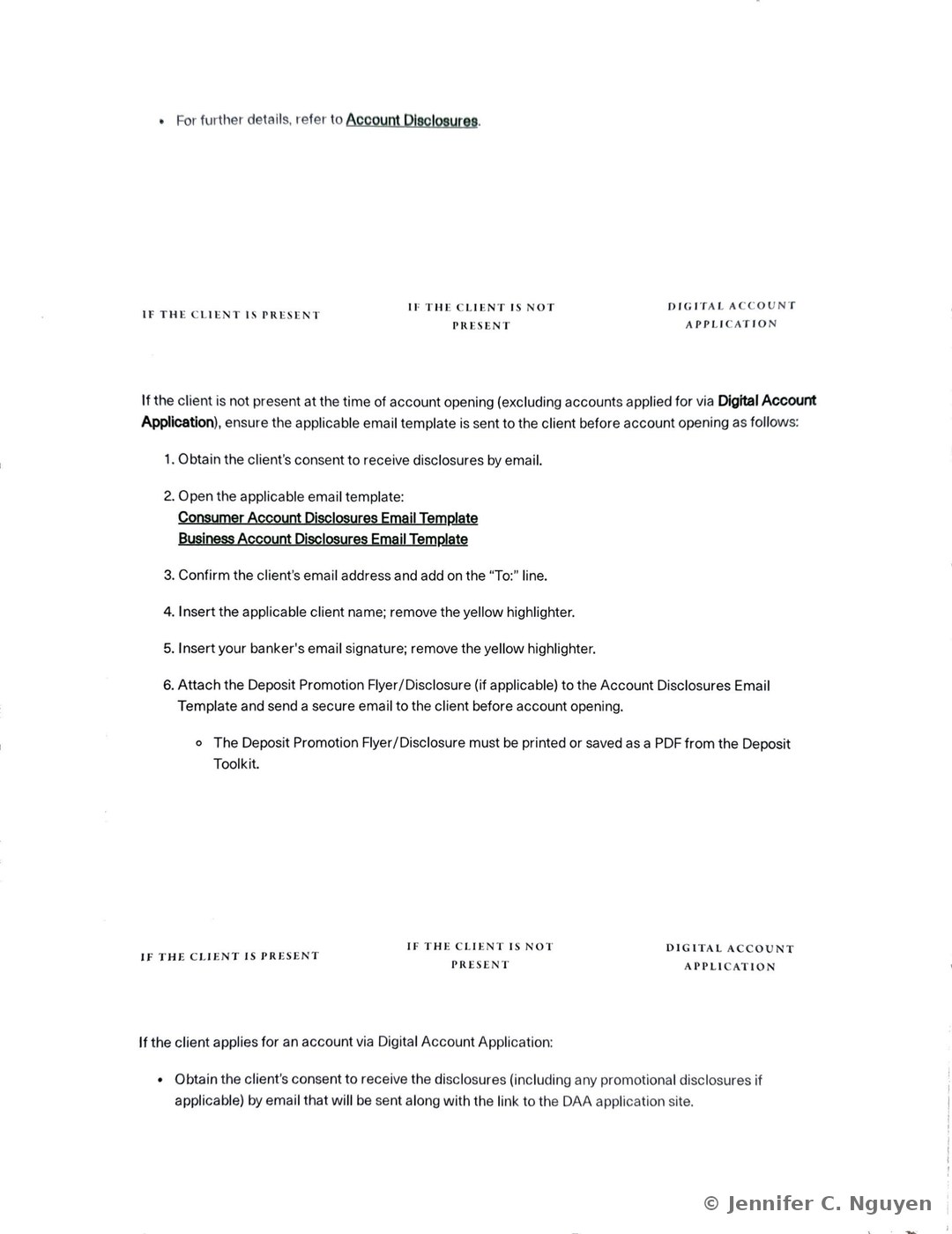 Applying Truth in Savings (Regulation DD) Requirements at First Republic Bank slide continuing the Account Opening tabbed table, showing the If the Client Is Not Present tab with a six-step numbered procedure for emailing account disclosures before account opening, including obtaining consent, opening the Consumer or Business Account Disclosures Email Template, confirming the client's email address, inserting the client name and banker signature, and attaching the Deposit Promotion Flyer if applicable, followed by the start of the Digital Account Application tab instructing that client consent be obtained by email alongside the application link