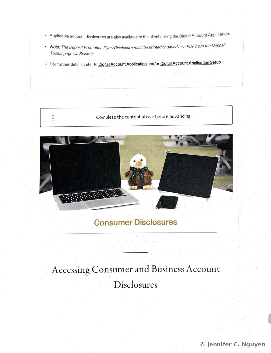 Applying Truth in Savings (Regulation DD) Requirements at First Republic Bank slide closing the Digital Account Application tab with a note that the Deposit Promotion Flyer must be saved as a PDF from the Deposit Toolkit via Seismic, a locked Complete the Content Above Before Advancing notice, and the opening of a new Consumer Disclosures section titled Accessing Consumer and Business Account Disclosures above a photograph of a laptop, a First Republic eagle plush toy, a tablet, and a smartphone arranged on a table