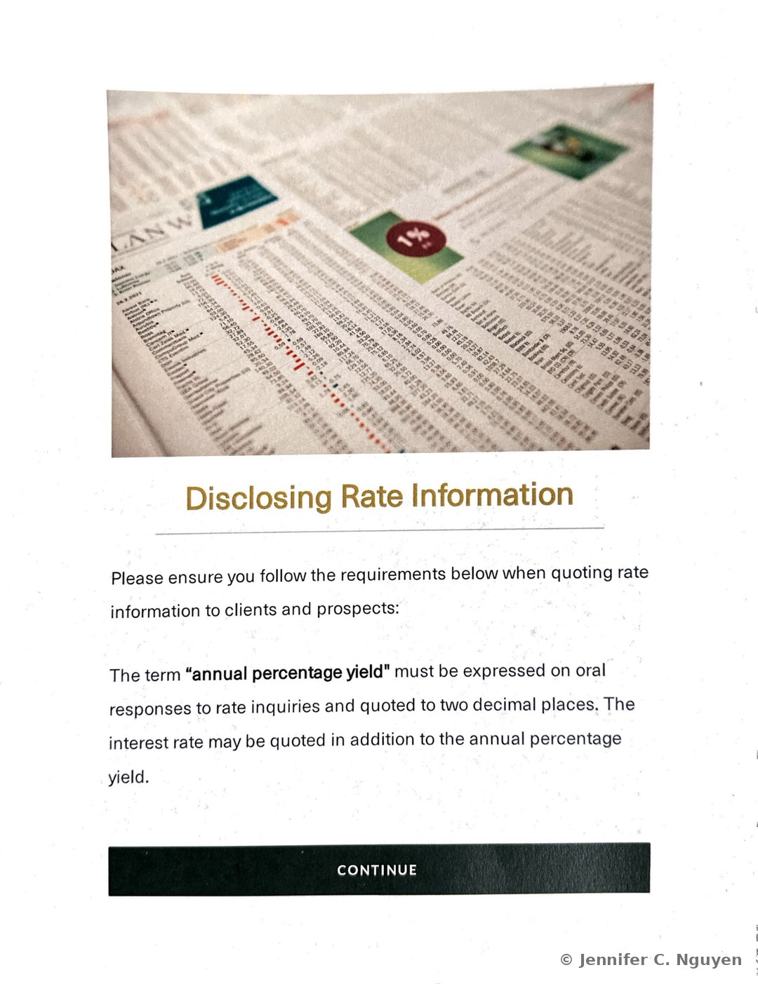 Review the Rate Scenario slide presenting an Oral Inquiry example, with body text describing a client calling to request current CD rates and being given the annual percentage yield per Truth in Savings (Regulation DD) oral-quote requirements, a Note clarifying that the interest rate may be quoted in addition to the annual percentage yield, and a photograph of a hand holding a smartphone to an ear during a phone call